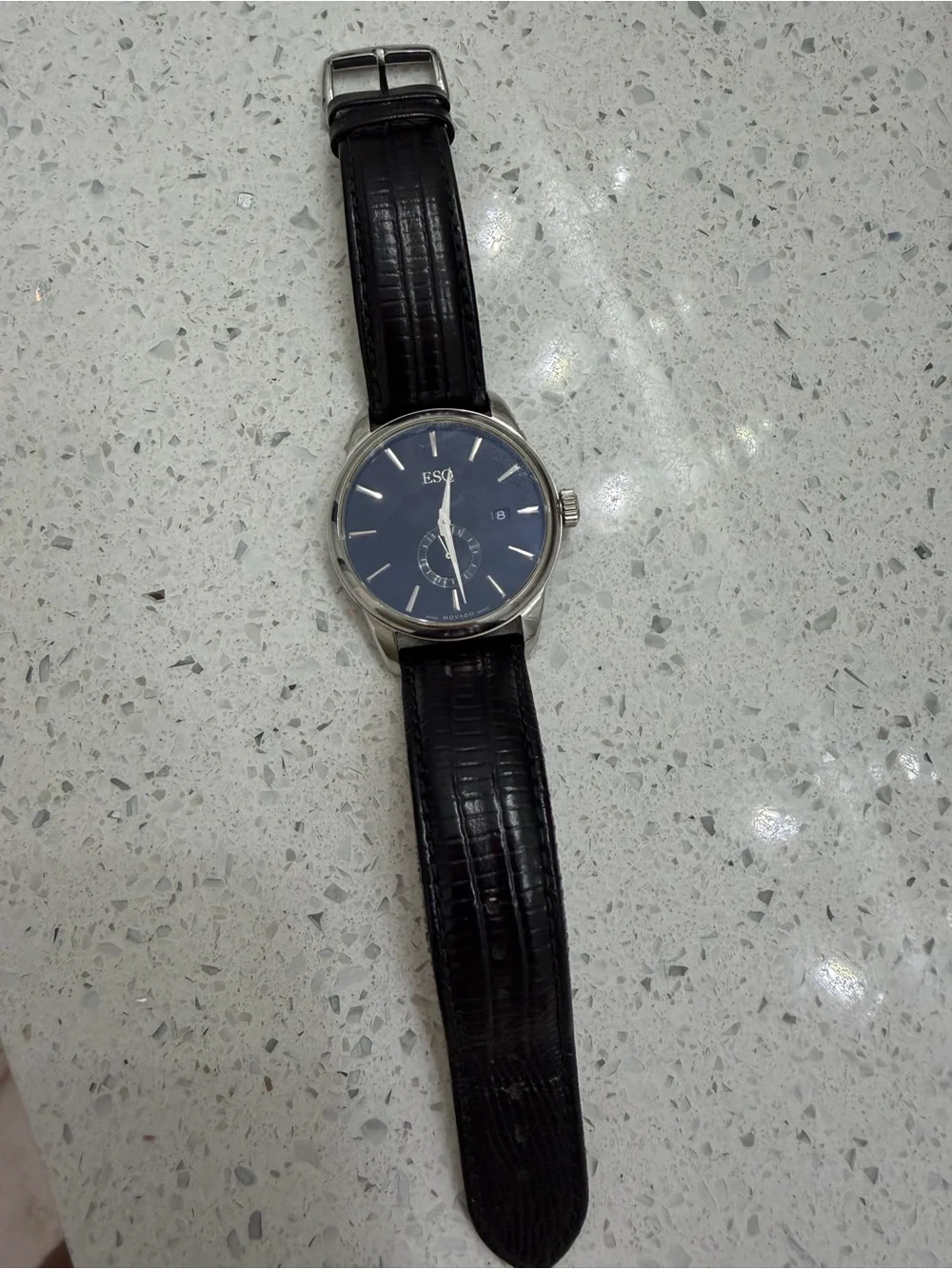 Movado Men's Black Leather Strap Watch with Blue Dial